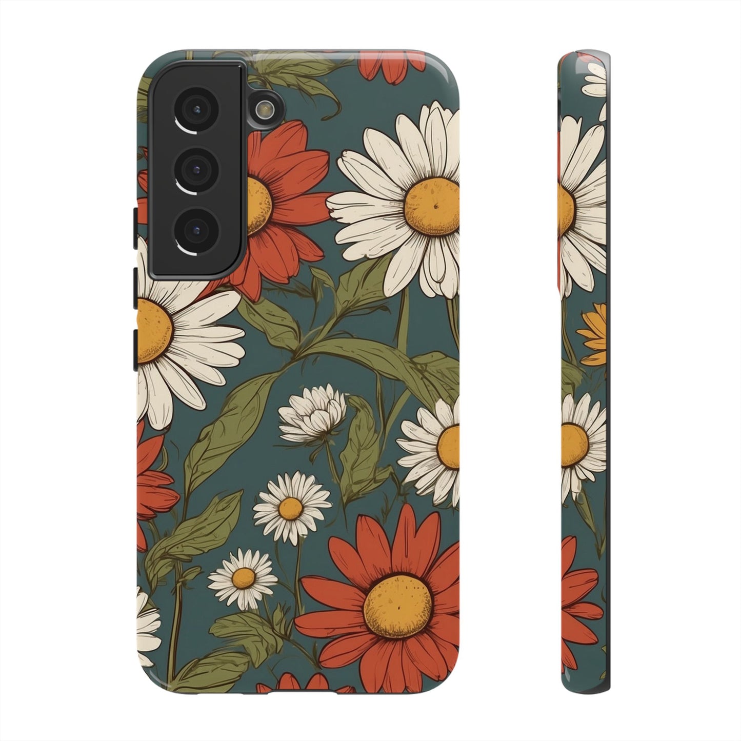 Samsung Galaxy S22 / Glossy Phone Case - Boho Chic Daisies Floral Pattern ’White & Red’ Phone Case