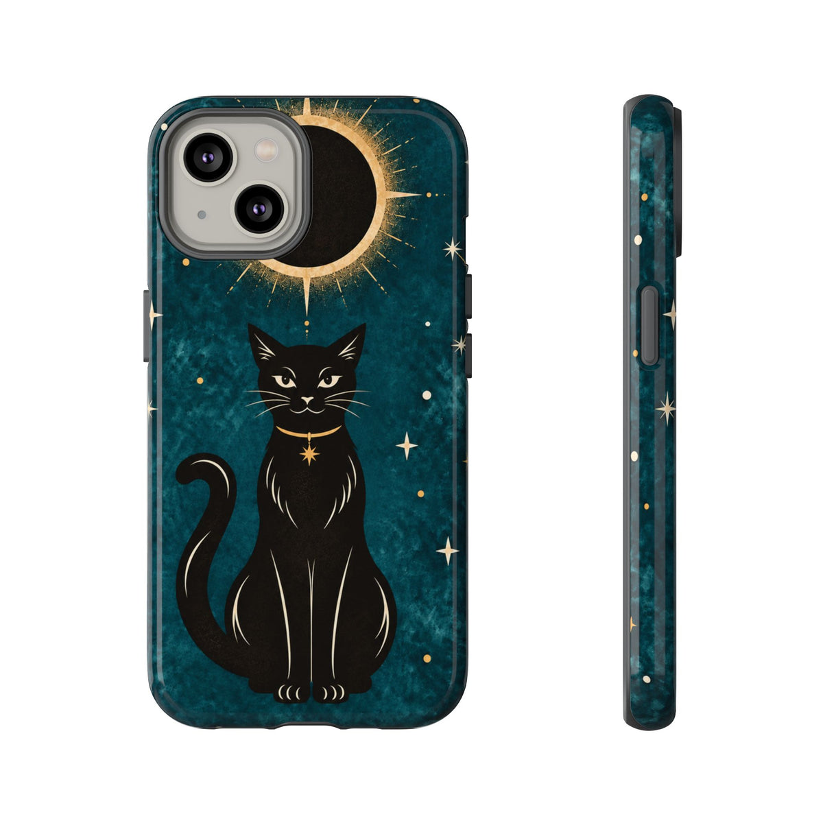 Whimsical Teal Celestial Black Cat Phone Case