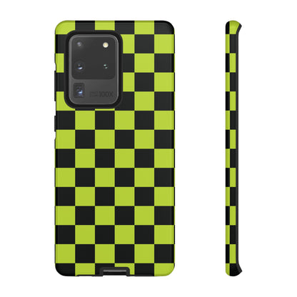 Samsung Galaxy S20 Ultra / Glossy Phone Case - Trendy Neon Lime Green & Black Checked Pattern Phone Case