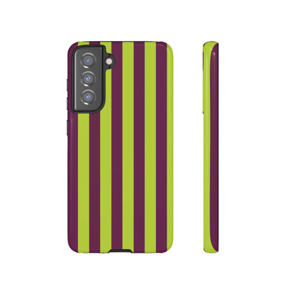 Trendy Neon Lime Green & Plum Stripe Pattern Phone Case - Green Phone Case - Samsung Galaxy S21 FE / Glossy