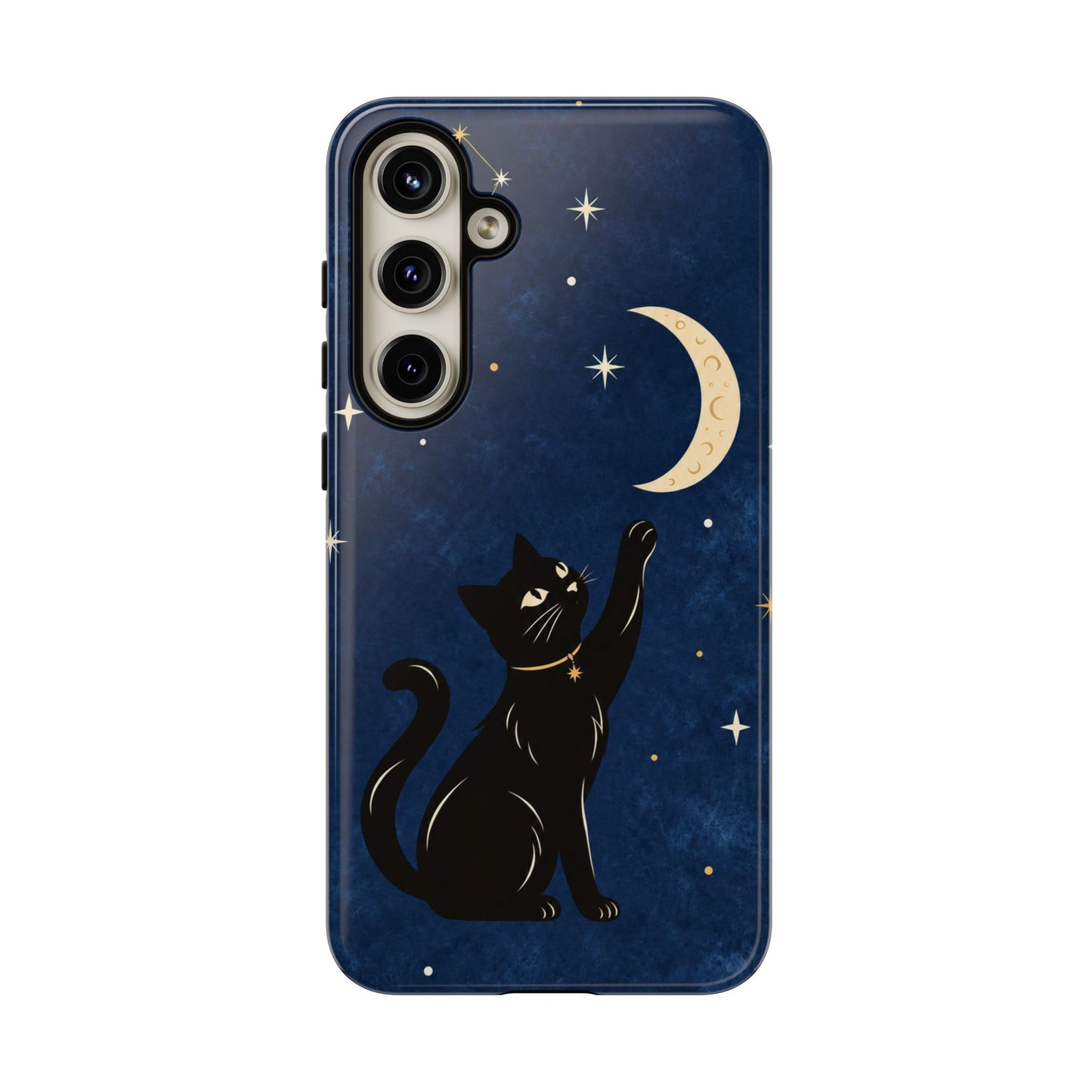 Whimsical Navy Blue Celestial Black Cat Phone Case