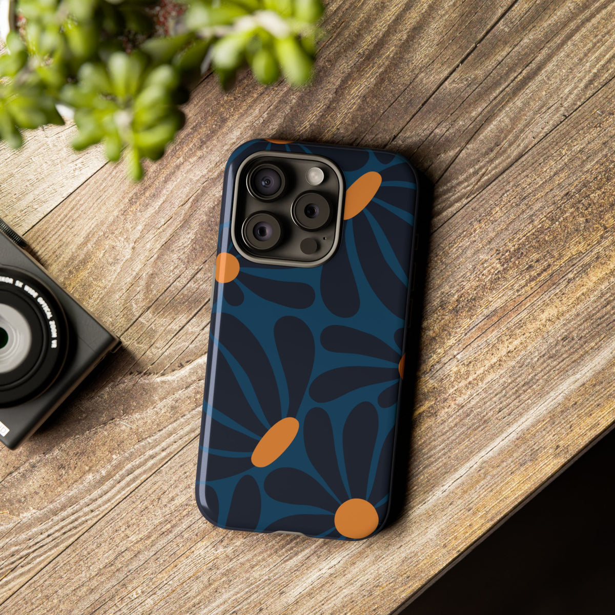 Dark Blue & Orange Daisy Pattern Phone Case - Blue Phone Case