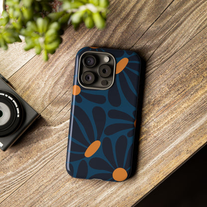 Dark Blue & Orange Daisy Pattern Phone Case - Blue Phone Case