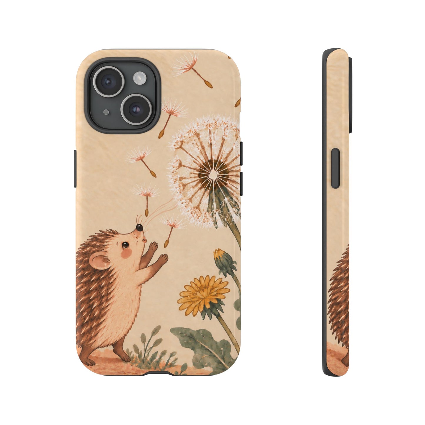 Whimsical Cream Hedgehog and Dandelion Phone Case - White Phone Case - iPhone 15 / Glossy
