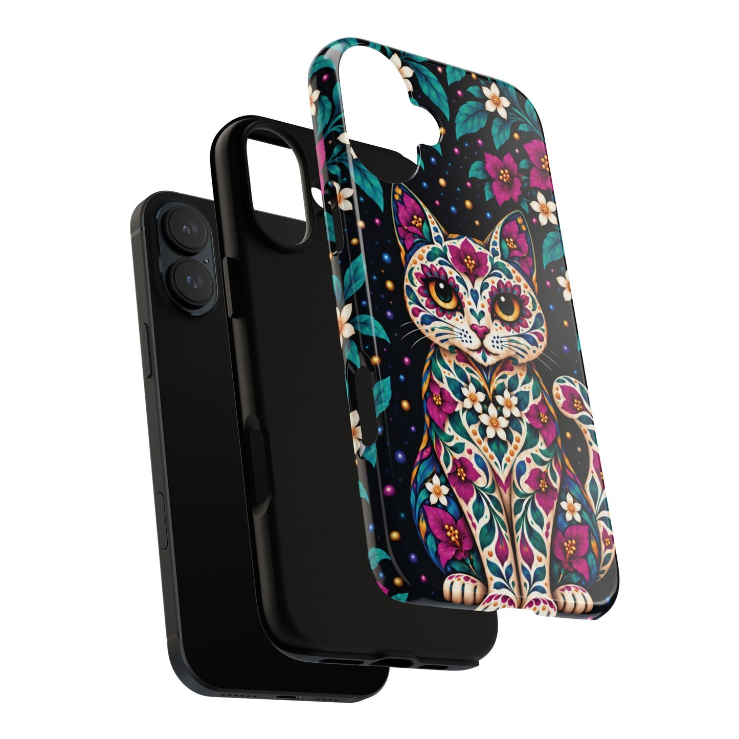 Vibrant Purple and Teal Calavera Cat Phone Case - Multicolor Phone Case