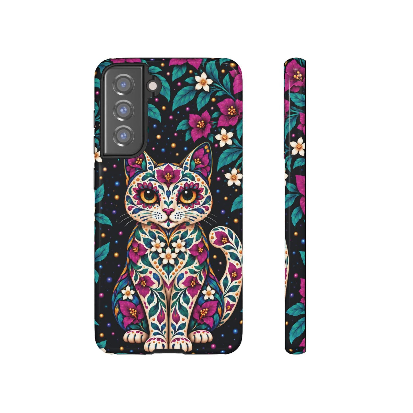 Vibrant Purple and Teal Calavera Cat Phone Case - Multicolor Phone Case - Samsung Galaxy S21 FE / Glossy