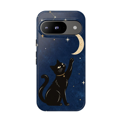 Whimsical Navy Blue Celestial Black Cat Phone Case