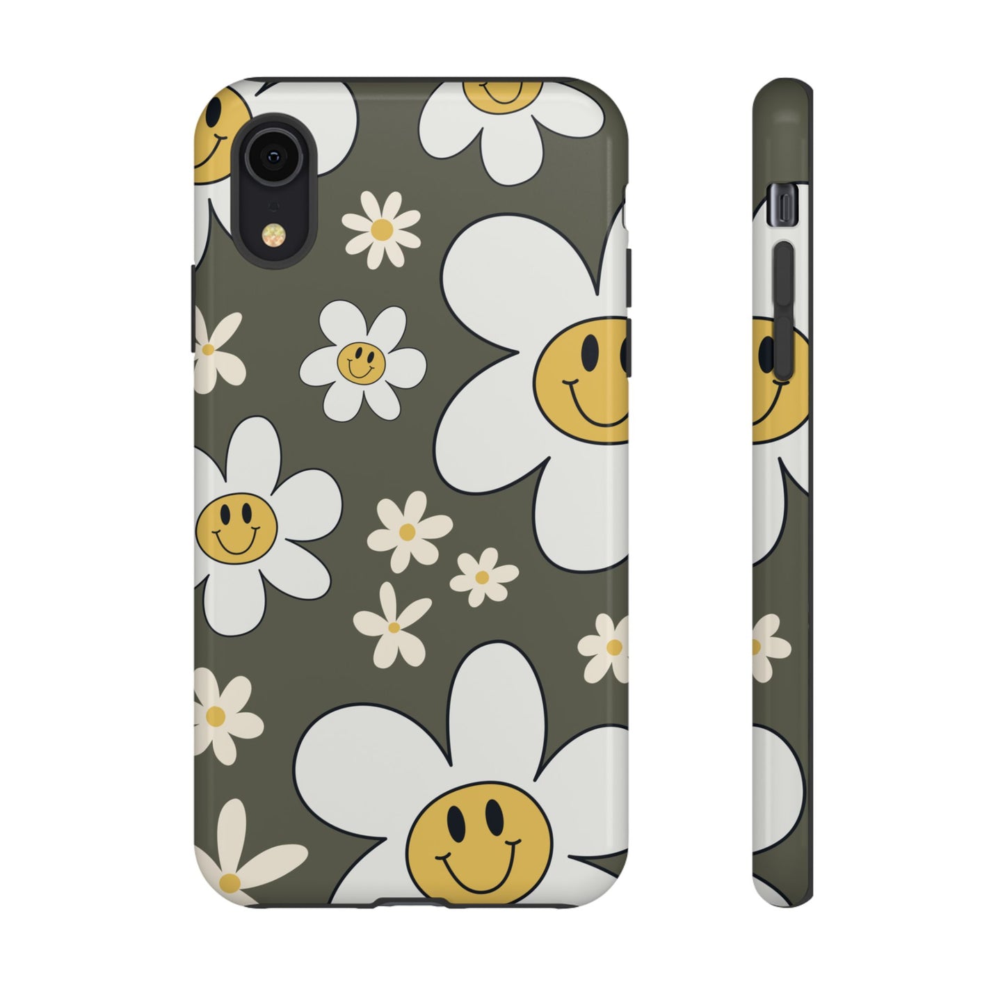 iPhone XR / Glossy Phone Case - Fun Retro Daisy Pattern with Olive Green Background Phone Case