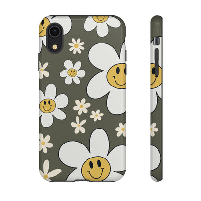 iPhone XR / Glossy Phone Case - Fun Retro Daisy Pattern with Olive Green Background Phone Case