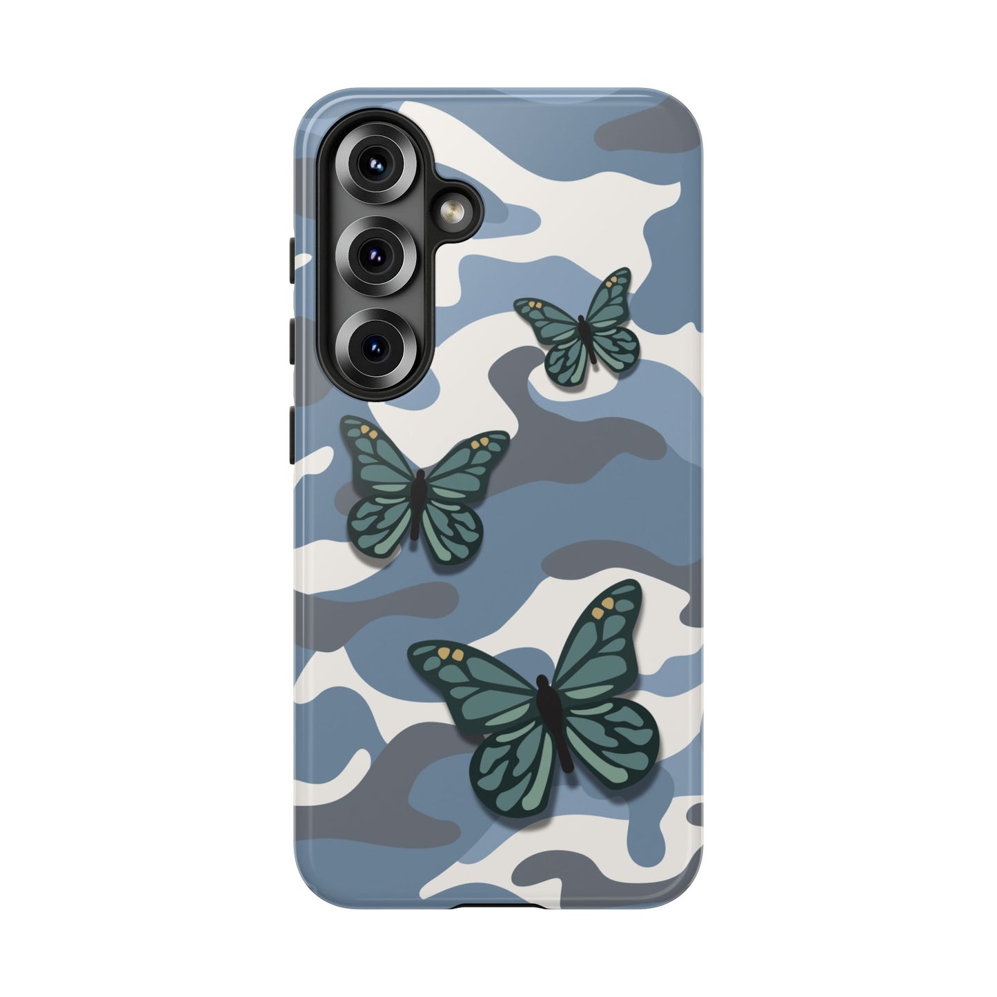 Samsung Galaxy S25 / Glossy Phone Case - Light Blue Butterfly Camo Phone Case