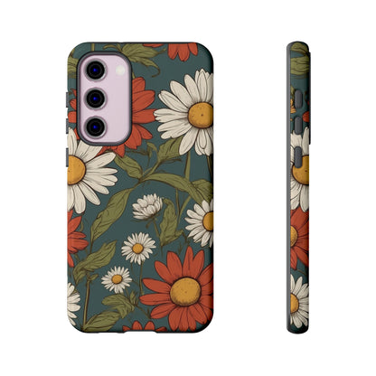 Samsung Galaxy S23 Plus / Glossy Phone Case - Boho Chic Daisies Floral Pattern ’White & Red’ Phone Case