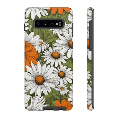 Samsung Galaxy S10 Plus / Glossy Phone Case - Boho Chic Daisies Floral Pattern ’White Orange & Green’ Phone Case