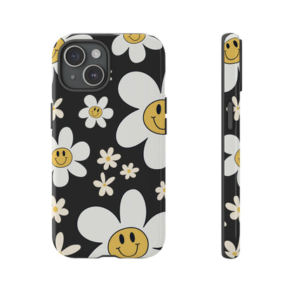 iPhone 15 / Glossy Phone Case - Fun Retro Daisy Pattern with Dark Grey Background Phone Case