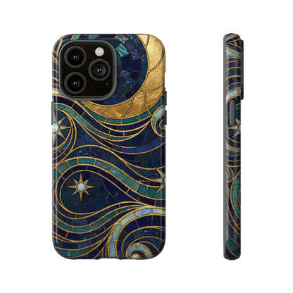 Elegant Navy & Gold Crescent Moon Mosaic Phone Case