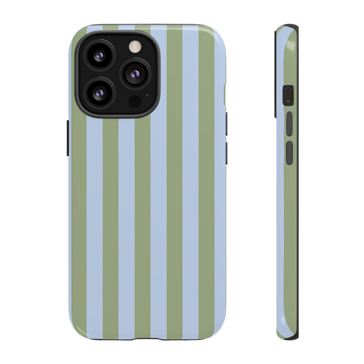 iPhone 13 Pro / Glossy Phone Case - Trendy Ice Blue & Green Stripe Pattern Phone Case