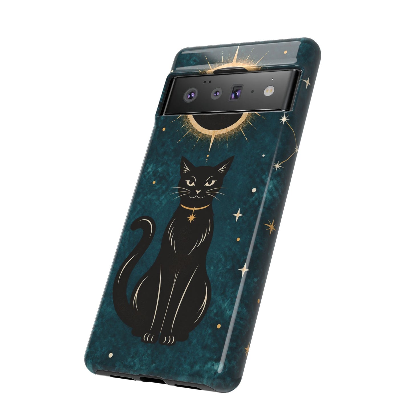 Whimsical Teal Celestial Black Cat Phone Case