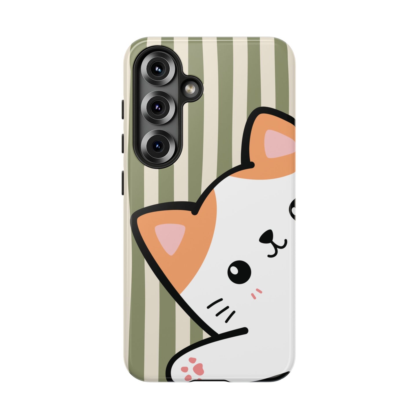 Samsung Galaxy S25 / Glossy Phone Case - Peakaboo Cat with Green Stripe Pattern Phone Case