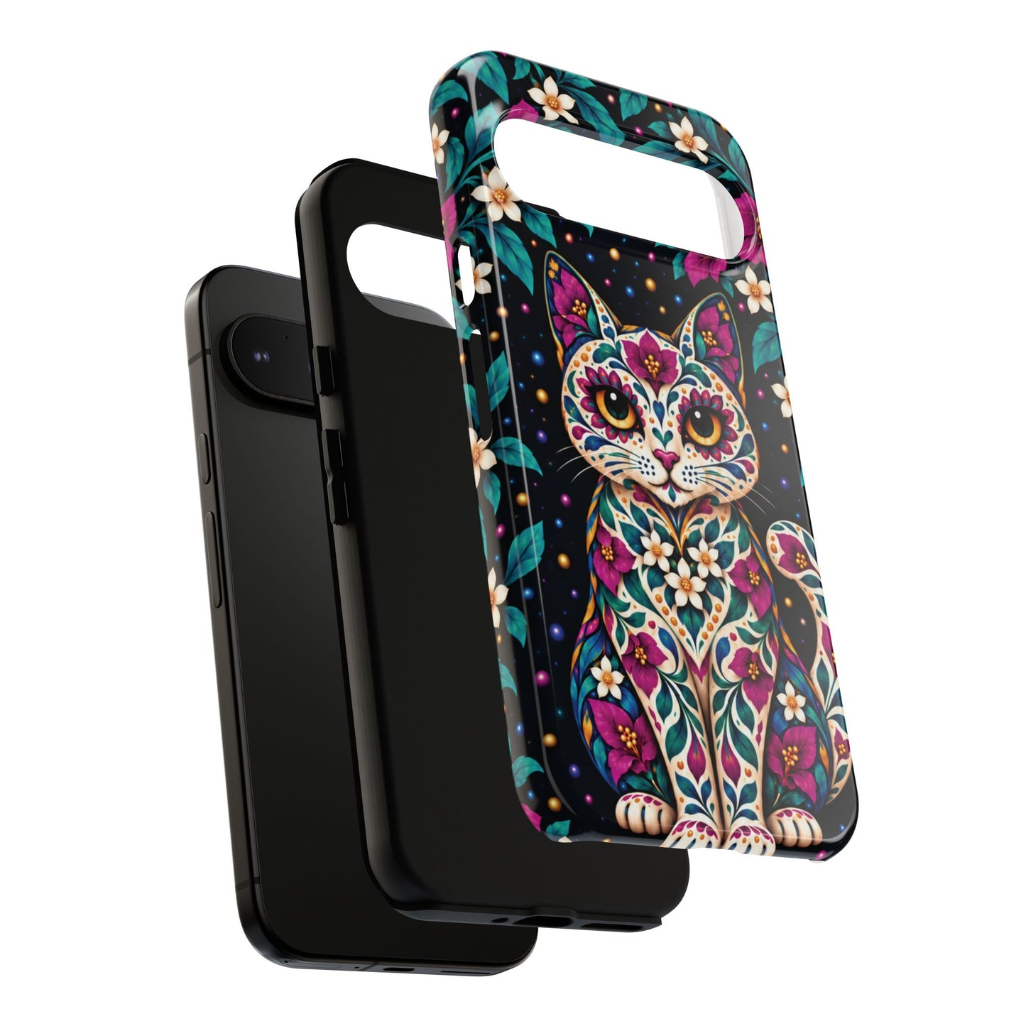 Vibrant Purple and Teal Calavera Cat Phone Case - Multicolor Phone Case