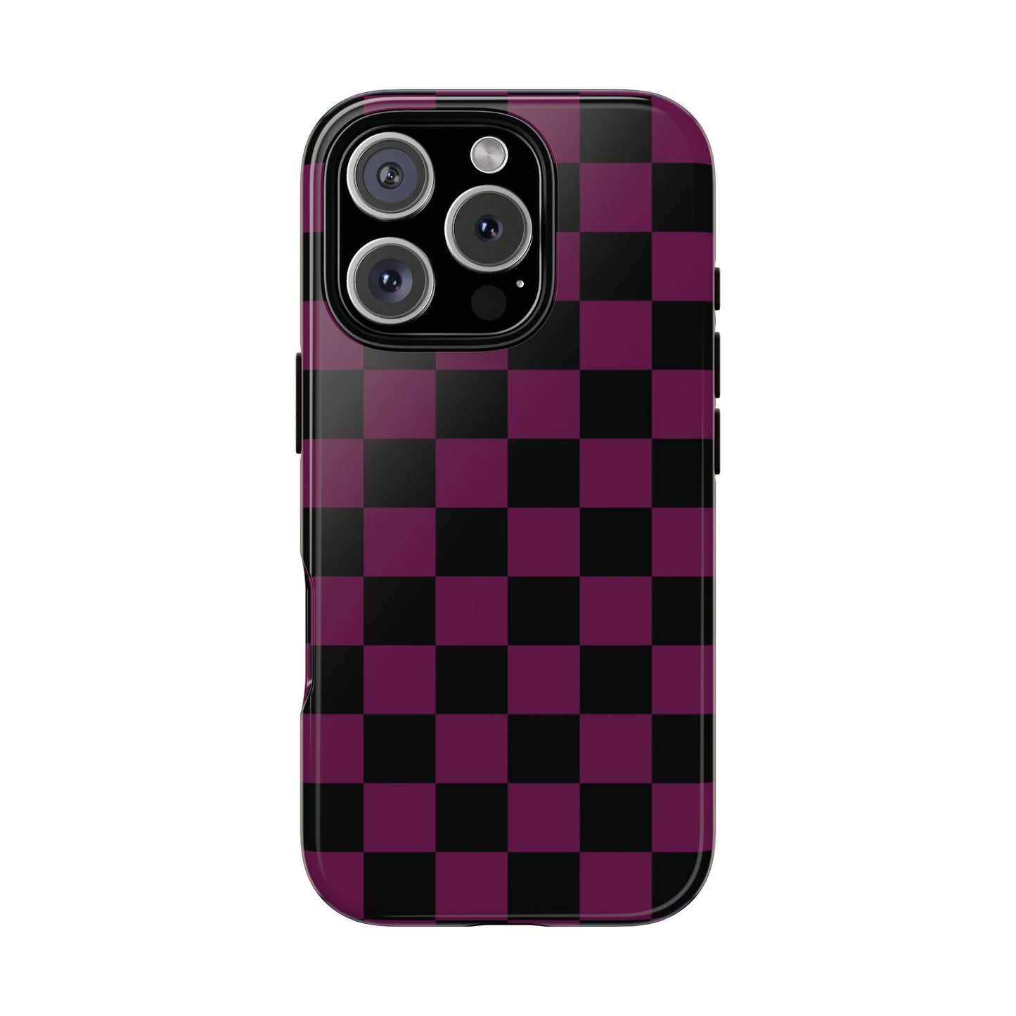 iPhone 16 Pro / Glossy Phone Case - Trendy Plum & Black Checked Pattern Phone Case