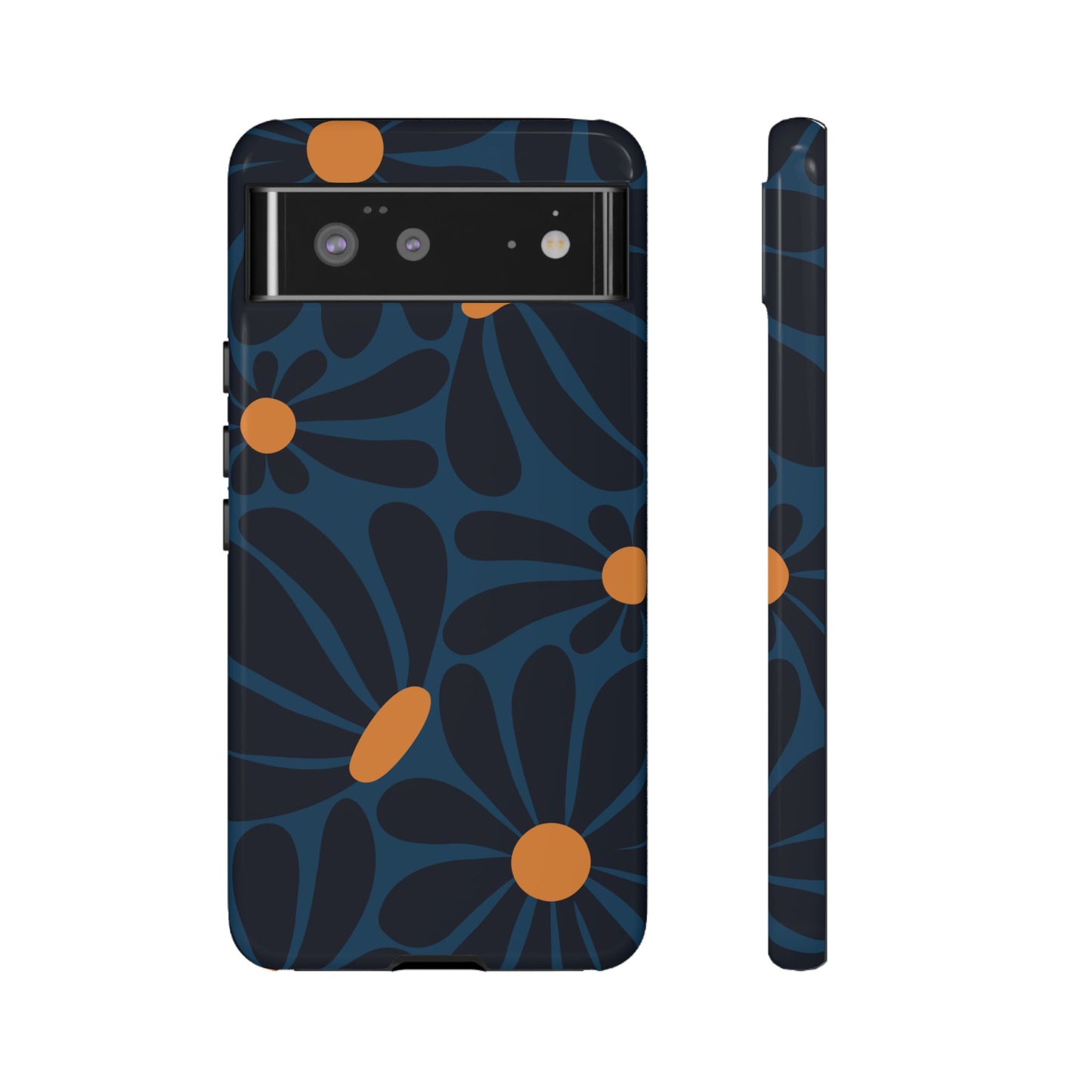 Google Pixel 6 / Glossy Phone Case - ’Dark Blue & Orange Daisy Pattern’ Phone Case