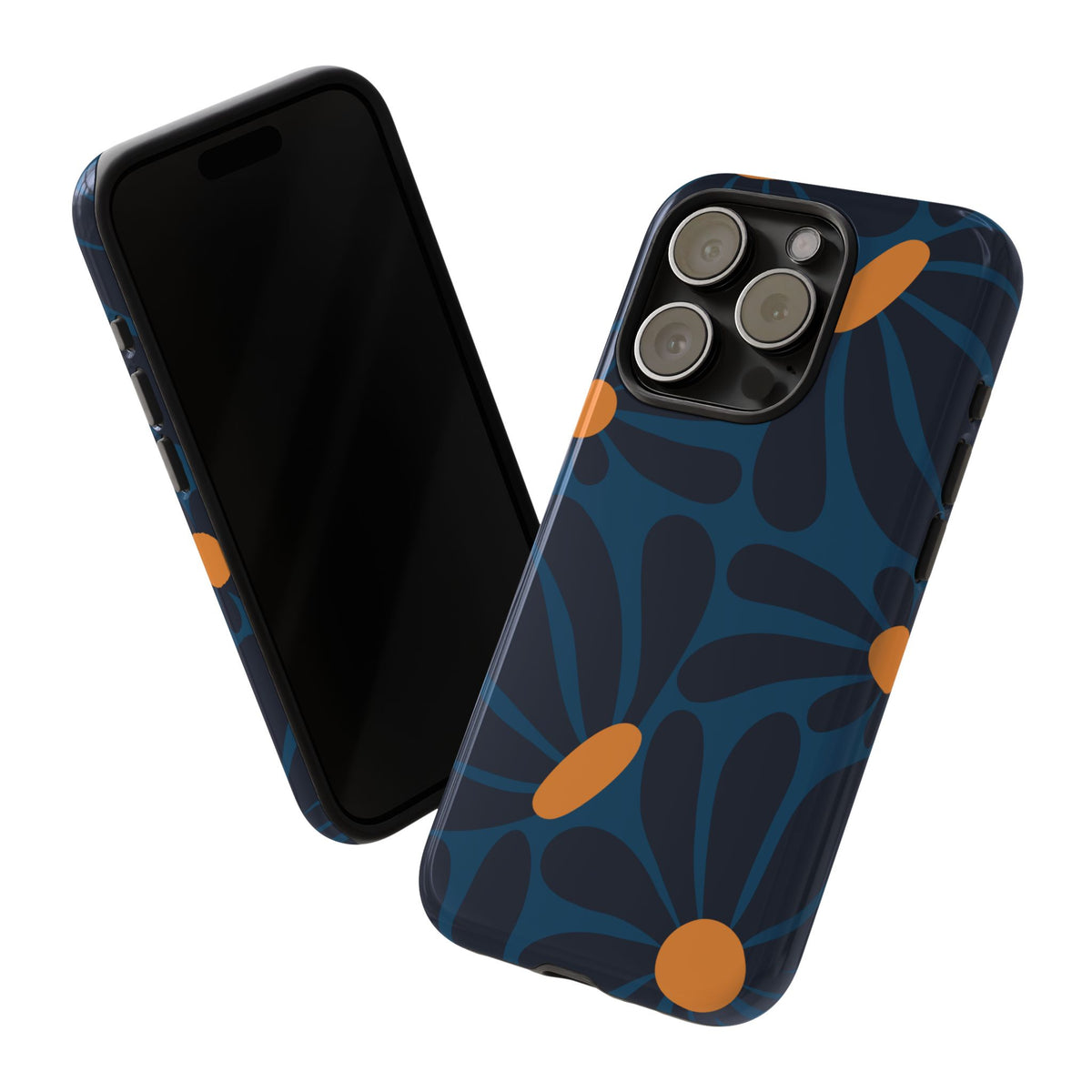 Dark Blue & Orange Daisy Pattern Phone Case - Blue Phone Case