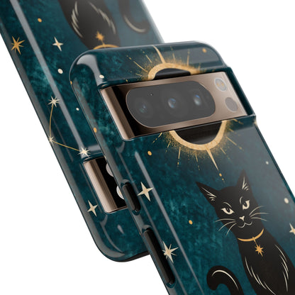 Whimsical Teal Celestial Black Cat Phone Case