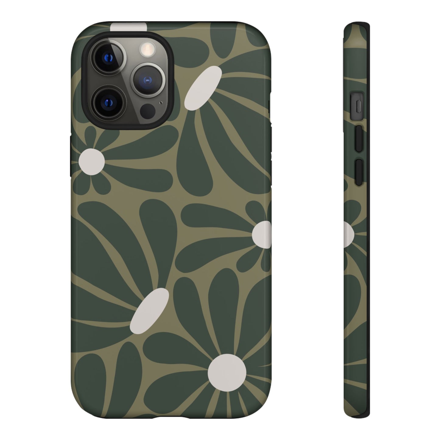 iPhone 12 Pro Max / Glossy Phone Case - ’Retro Olive Green Daisy Pattern’ Phone Case