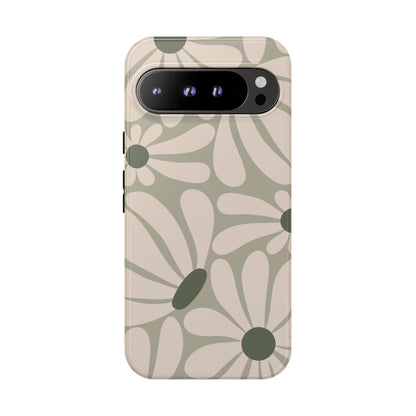 Google Pixel 9 Pro XL / Glossy Phone Case - ’Retro Cream & Green Daisy Pattern’ Phone Case