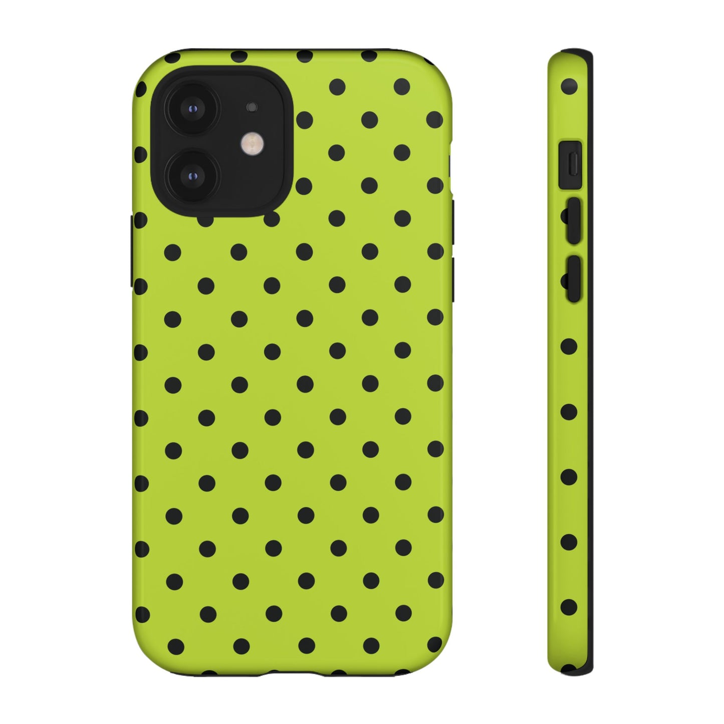 iPhone 12 / Glossy Phone Case - Trendy Neon Lime Green & Black Dot Pattern Phone Case