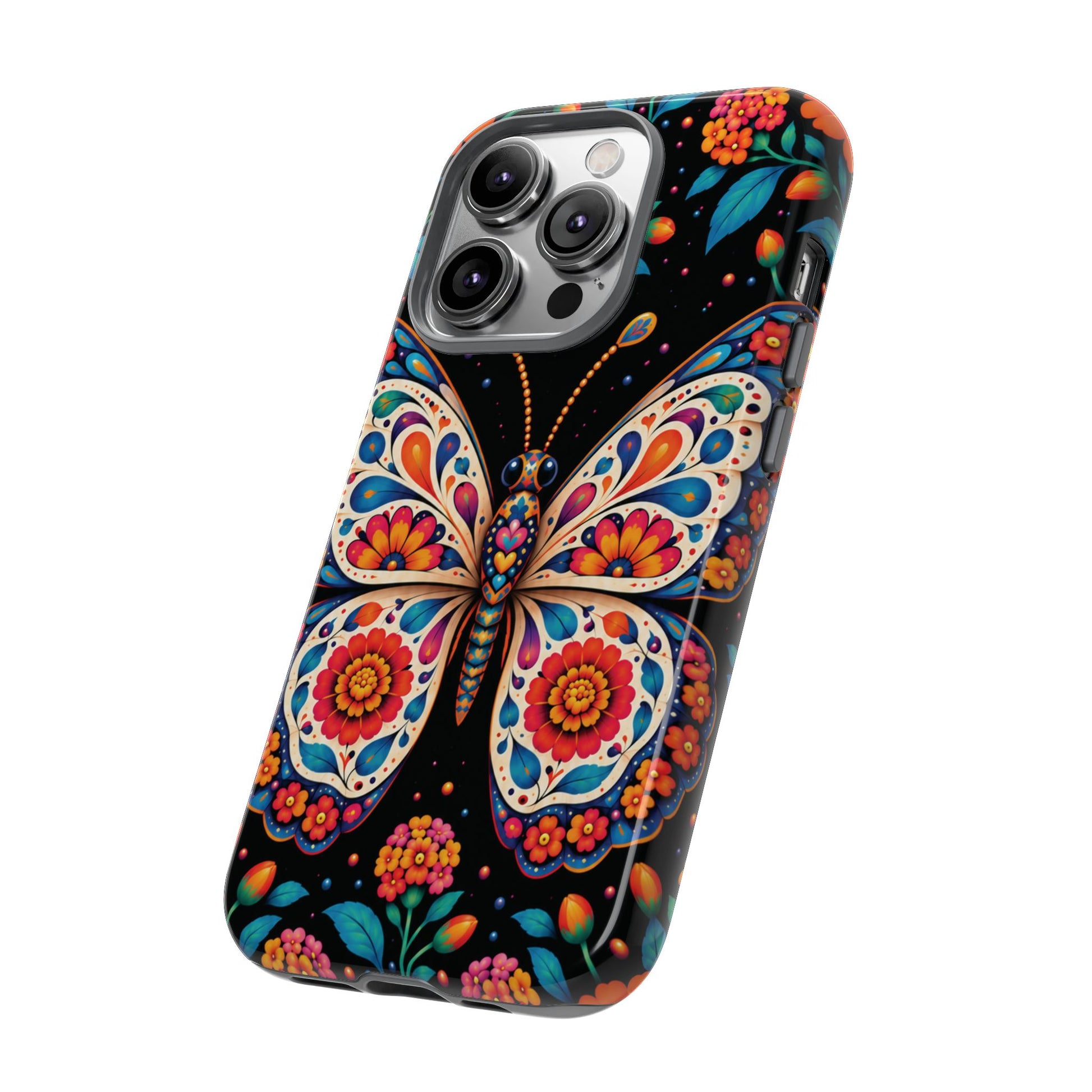 Vibrant Orange and Turquoise Calavera Butterfly Phone Case - Multicolor Phone Case