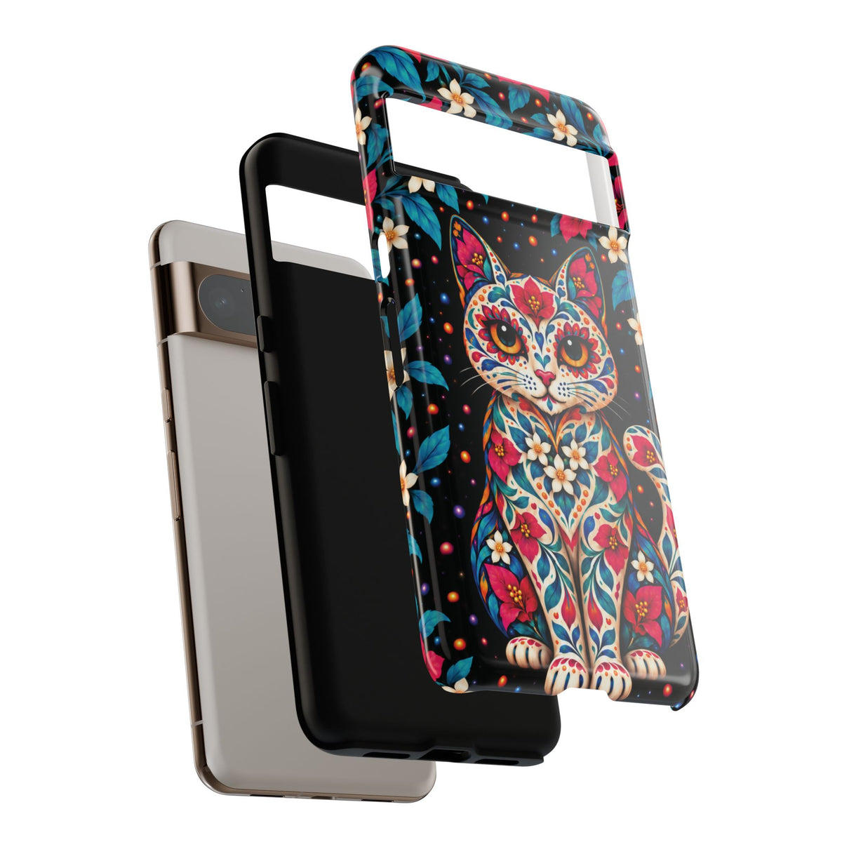 Vibrant Pink and Turquoise Calavera Cat Phone Case - Multicolor Phone Case