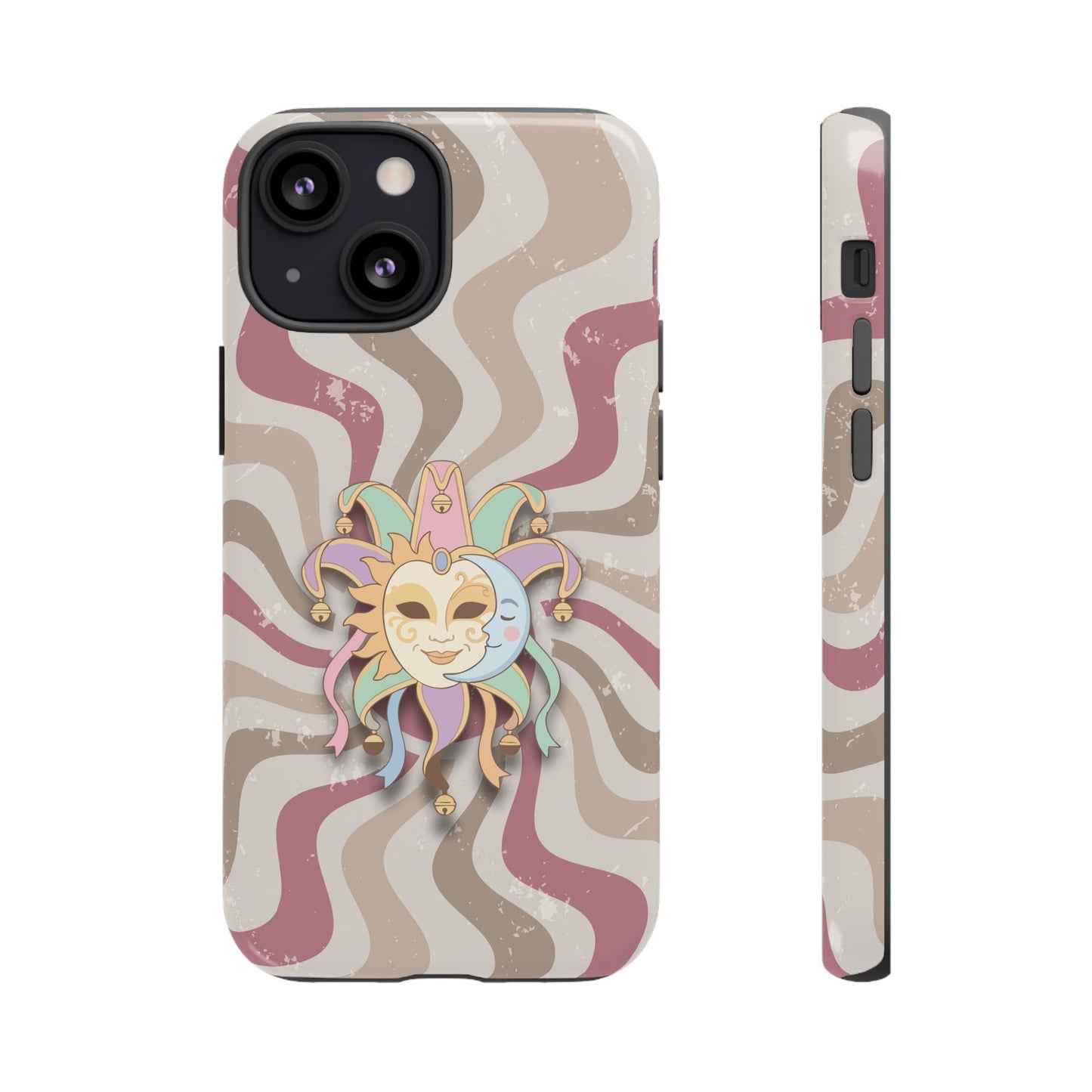 Sun & Moon Jester Mask – Pink Retro Wave Phone Case - Pink Phone Case - iPhone 13 Mini / Glossy