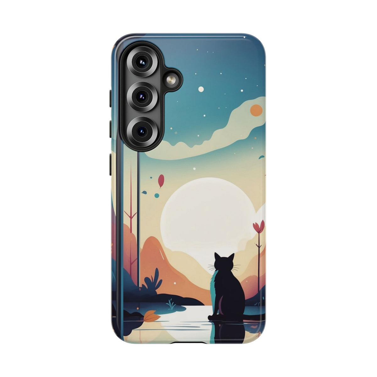 Stylised Cat & Moon Design Phone Case - Multicolor Phone Case - Samsung Galaxy S25 / Glossy
