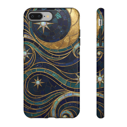 Elegant Navy & Gold Crescent Moon Mosaic Phone Case