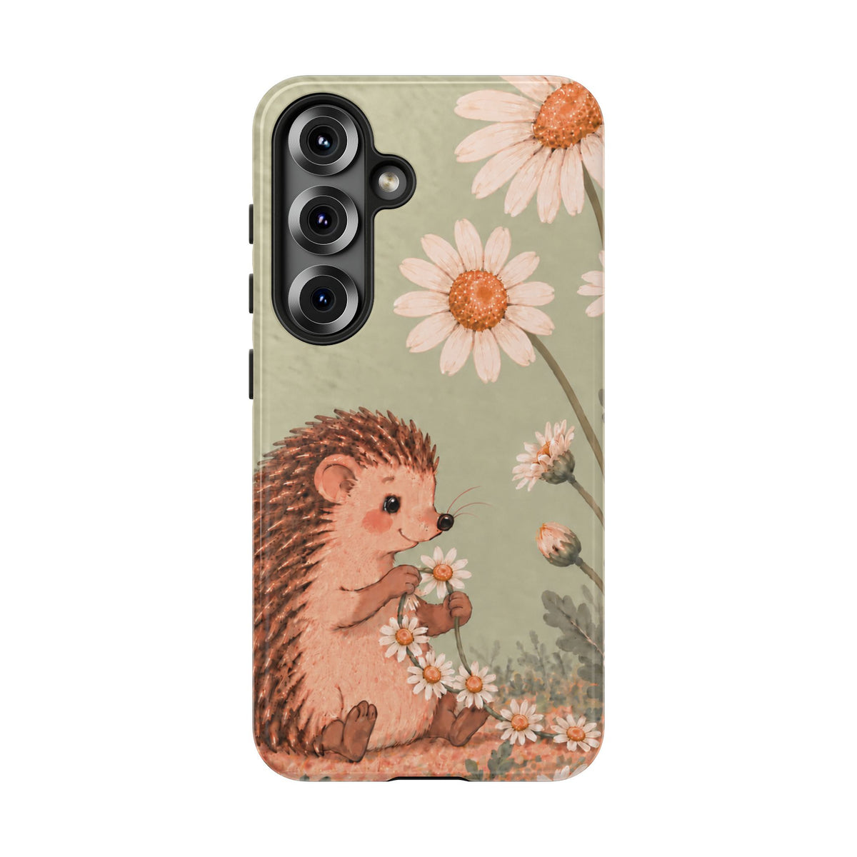 Whimsical Sage Green Hedgehog and Daisy Chain Phone Case - Green Phone Case - Samsung Galaxy S25 / Glossy