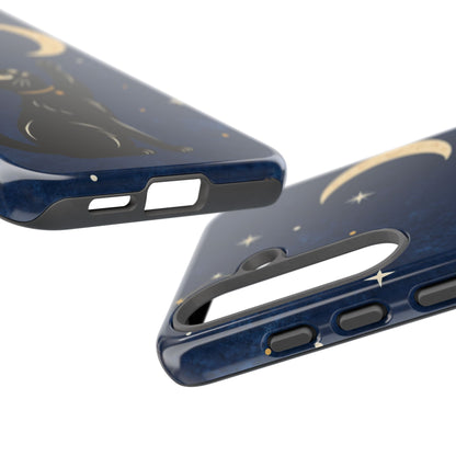 Whimsical Navy Blue Celestial Black Cat Phone Case