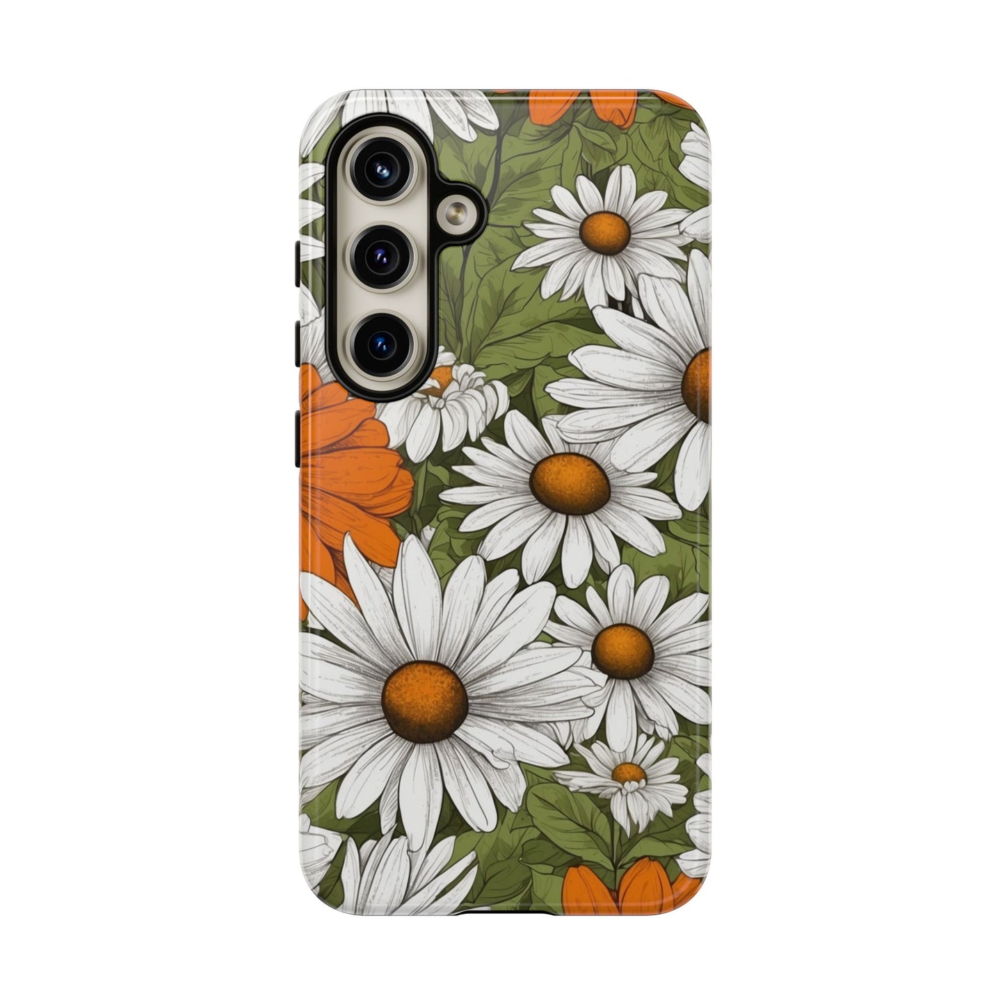 Samsung Galaxy S24 / Glossy Phone Case - Boho Chic Daisies Floral Pattern ’White Orange & Green’ Phone Case
