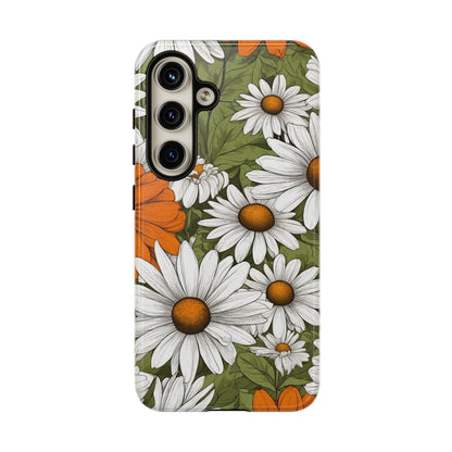 Samsung Galaxy S24 / Glossy Phone Case - Boho Chic Daisies Floral Pattern ’White Orange & Green’ Phone Case