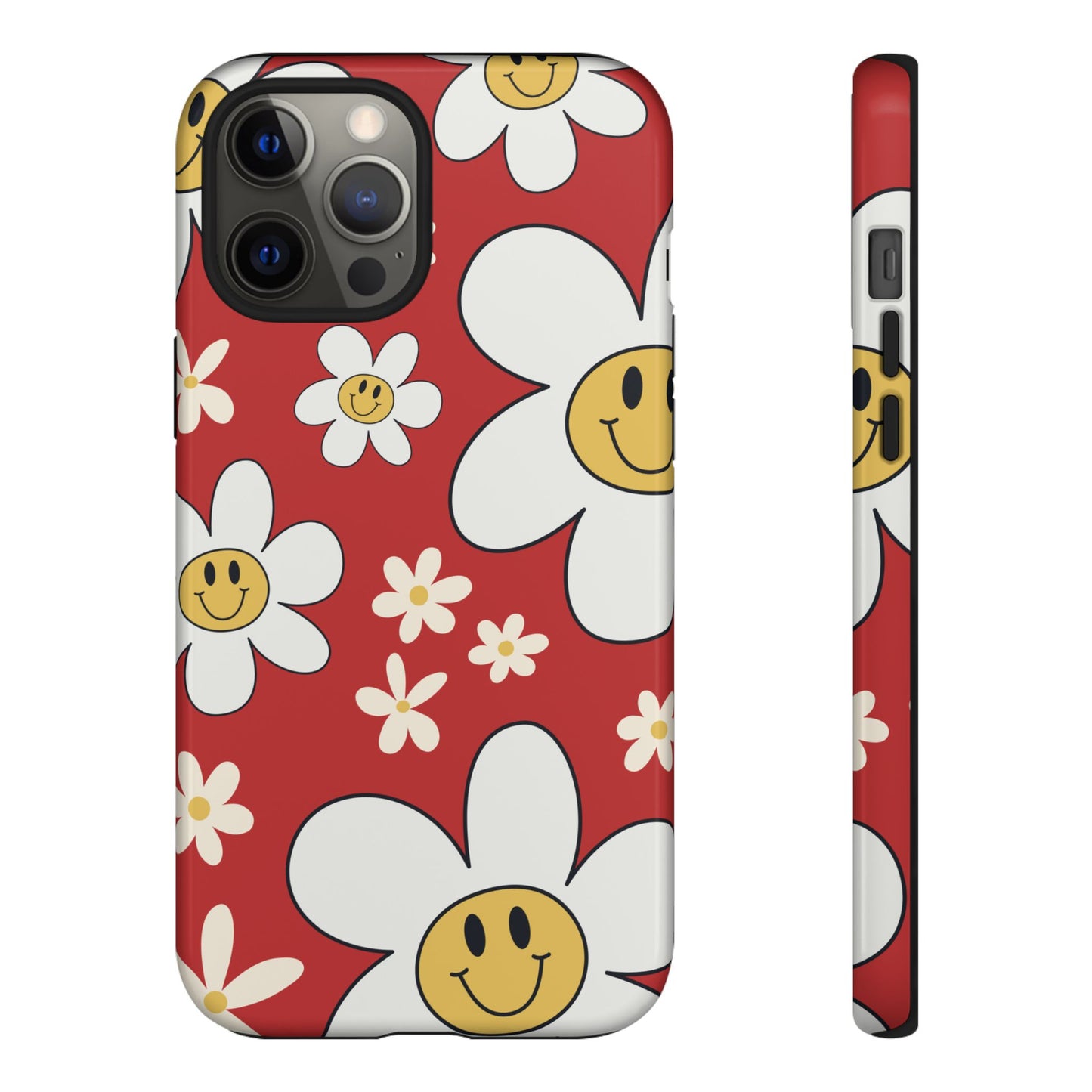 iPhone 12 Pro Max / Glossy Phone Case - Fun Retro Daisy Pattern with Red Background Phone Case