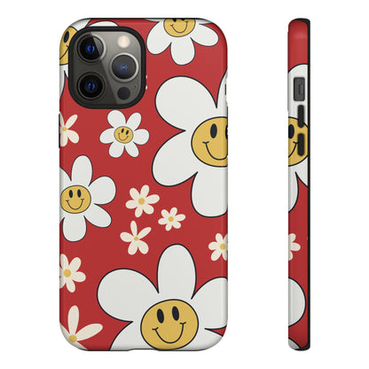 iPhone 12 Pro Max / Glossy Phone Case - Fun Retro Daisy Pattern with Red Background Phone Case