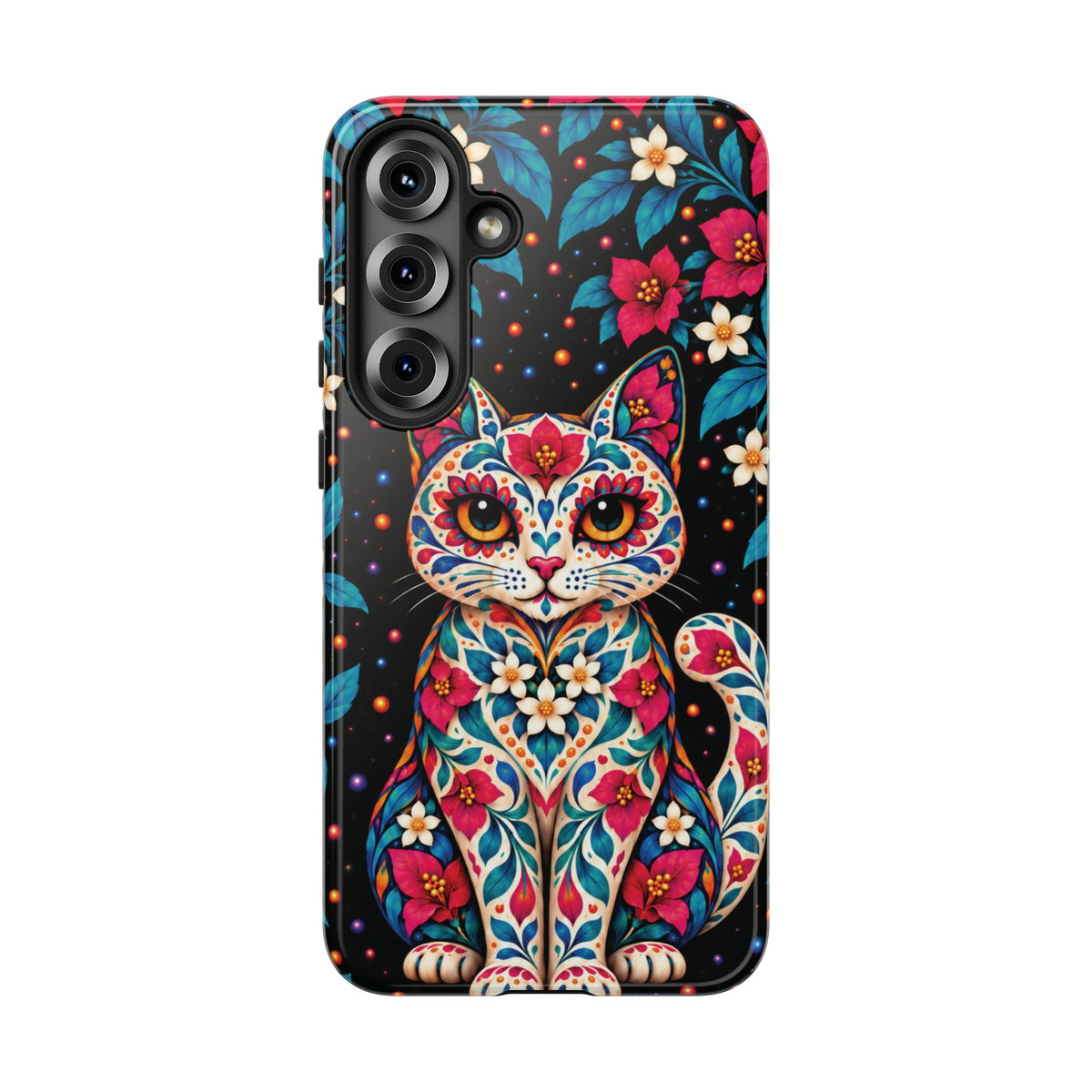 Vibrant Pink and Turquoise Calavera Cat Phone Case - Multicolor Phone Case - Samsung Galaxy S25 Plus / Glossy