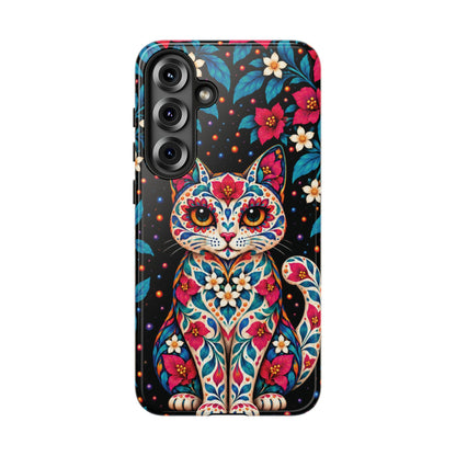 Vibrant Pink and Turquoise Calavera Cat Phone Case - Multicolor Phone Case - Samsung Galaxy S25 Plus / Glossy