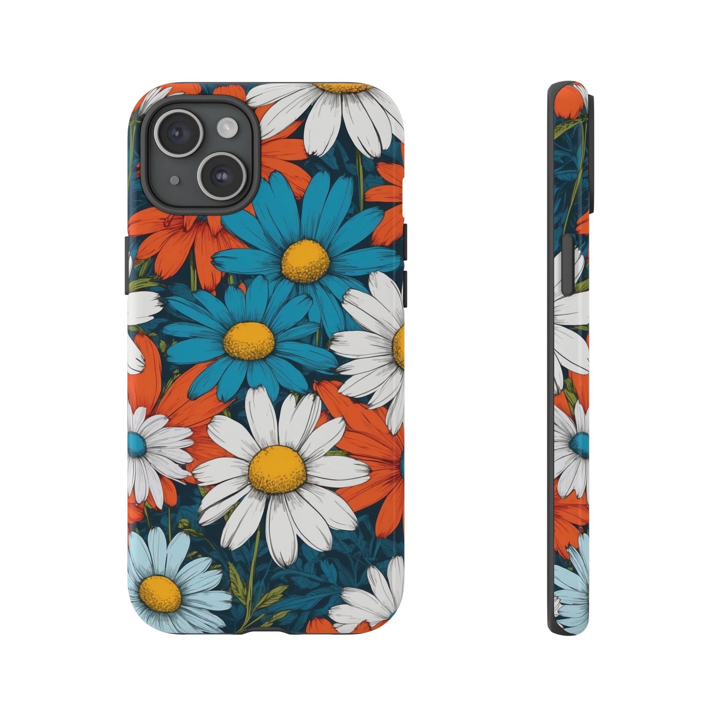 iPhone 15 Plus / Glossy Phone Case - Pop Art Daisies Illustration ’Red & Blue’ Phone Case