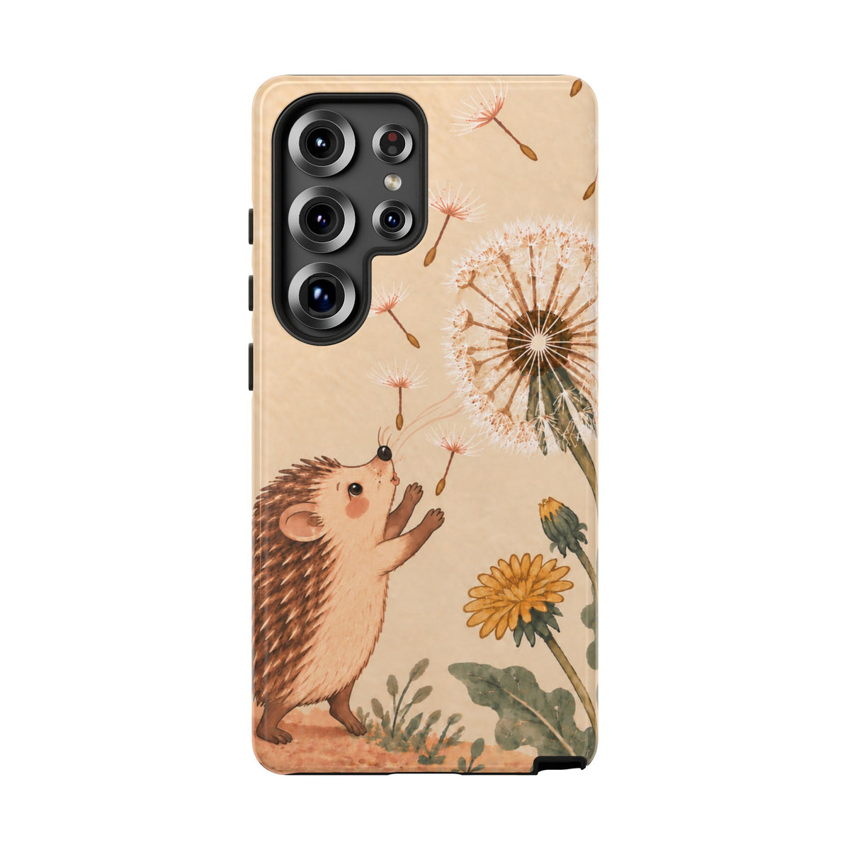 Whimsical Cream Hedgehog and Dandelion Phone Case - White Phone Case - Samsung Galaxy S25 Ultra / Glossy