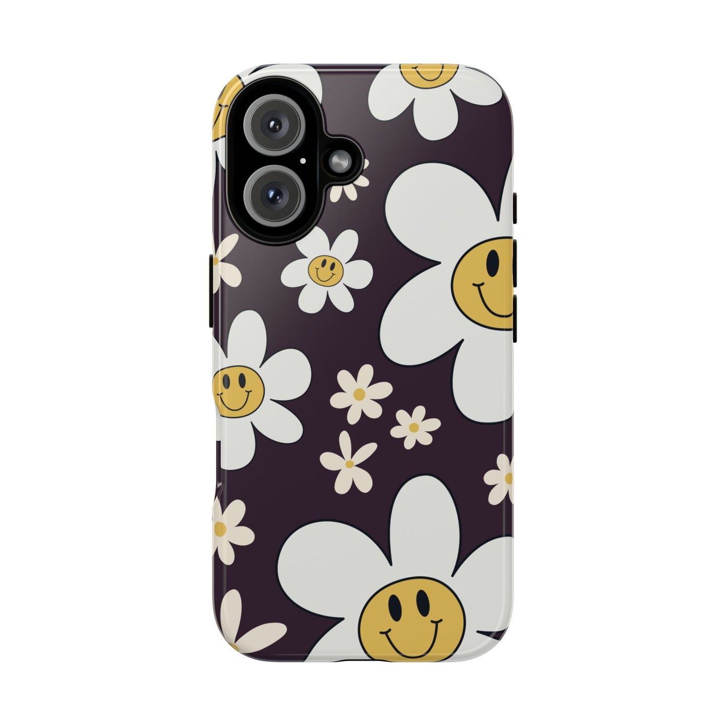 iPhone 16 / Glossy Phone Case - Fun Retro Daisy Pattern with Purple Background Phone Case