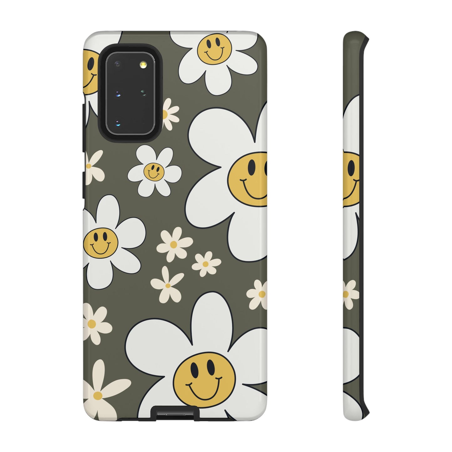 Samsung Galaxy S20+ / Glossy Phone Case - Fun Retro Daisy Pattern with Olive Green Background Phone Case