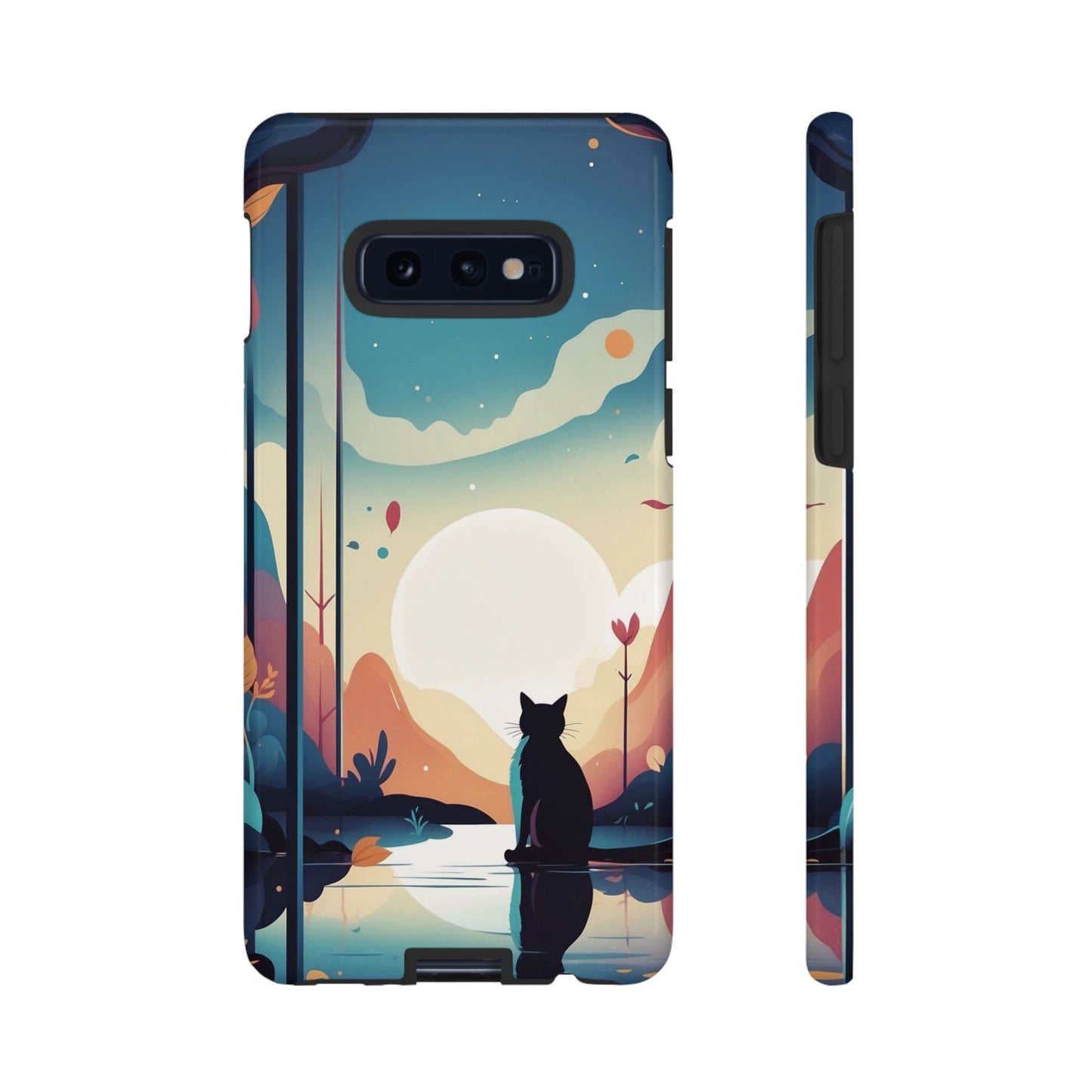 Samsung Galaxy S10E / Glossy Phone Case - Stylised Cat & Moon Design Phone Case