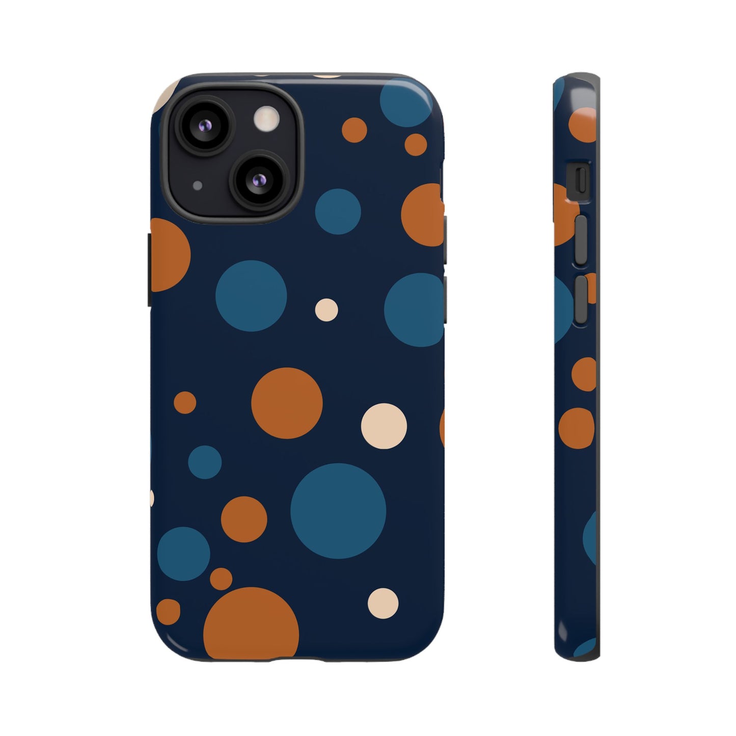 iPhone 13 Mini / Glossy Phone Case - ’Bold Navy Blue & Orange / White Dot Pattern’ Phone Case
