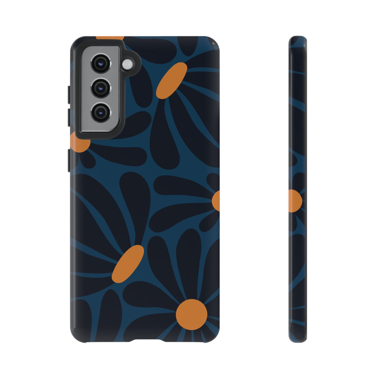 Dark Blue & Orange Daisy Pattern Phone Case - Blue Phone Case - Samsung Galaxy S21 / Glossy