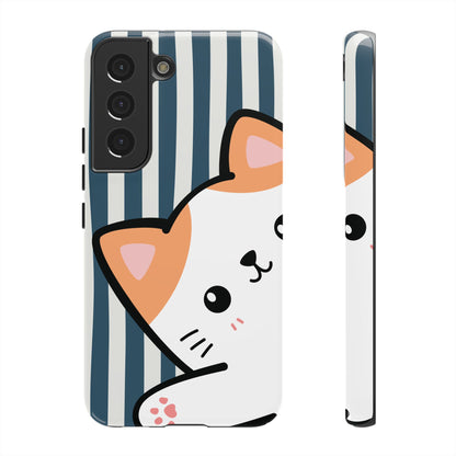 Playful Peakaboo Cat with Blue Stripe Pattern Phone Case - Blue Phone Case - Samsung Galaxy S22 / Glossy